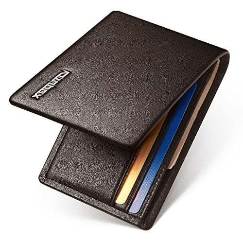 RUNBOX Genuine Leather Slim Bifold Wallets for Men & Minimalist Front Pocket RFID Mens Wallets with ID Window and Gift Box