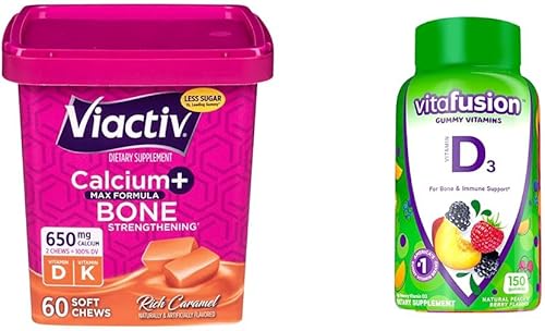 Viactiv Suplemento de calcio + vitamina D3 masticables suaves, caramelo, 60 masticables - Suplemento dietético de calcio y Vitafusion Vitamina D3