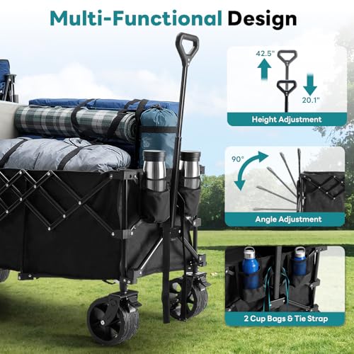 Image of DUMOS 49''L Collapsible Extended Wagon with 440LBS Capacity, Heavy Duty Wagons Garden Cart with All-Terrain Big Wheels & Drink Holders, 250L Foldable Carts for Sports, Shopping, Camping, Black