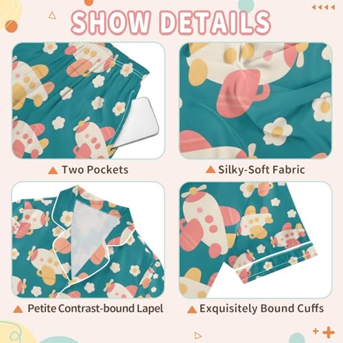 senya Airplane Flower A Satin Summer Pajama Sets Silk Short Sleeve Button Down Sleepwear3