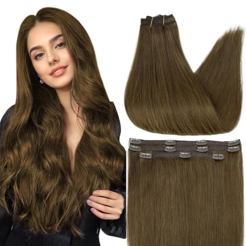 Full Shine Medium Brown Clip in Extensions Human Hair, 14 Inch