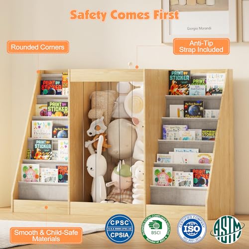Image of NACHES Montessori Kids Bookshelf with Toy Storage, Extra Book Display Shelves for Toddlers, Front-Facing Book Organizer for Nursery Playroom Bedroom (Natural Wood)