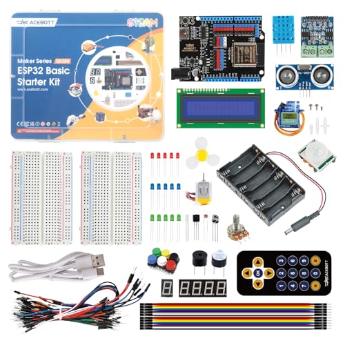 ACEBOTT Basic Starter Kit for ESP32, Total 96 Items, Electronics Starter Kit Compatible with Arduino & Scratch, Electronics Components Kit with Detailed Tutorial, Upgradeable Wooden Structures