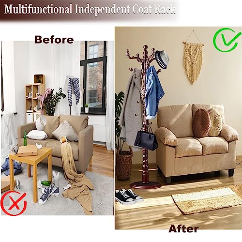 Coat-Racks-Free-standing-Natural-Wood-Coat-Rack-Stand-With-14-Hooks-Heavy-Duty-Adjustable-Height-Coat-Racks-For-Entryway-Hallway-Foyer-Office-Bedroom-Reddish-brown Coat Racks Free standing Natural Wood Coat Rack Stand With 14 Hooks Heavy Duty Adjustable Height Coat Racks For Entryway Hallway Foyer Office Bedroom Reddish brown