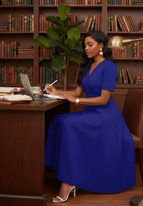 Image of MarryUP Women's Midi Dresses - V Neck Cocktail & Church Tea Dresses - Short Sleeve A-Line Swing Dress