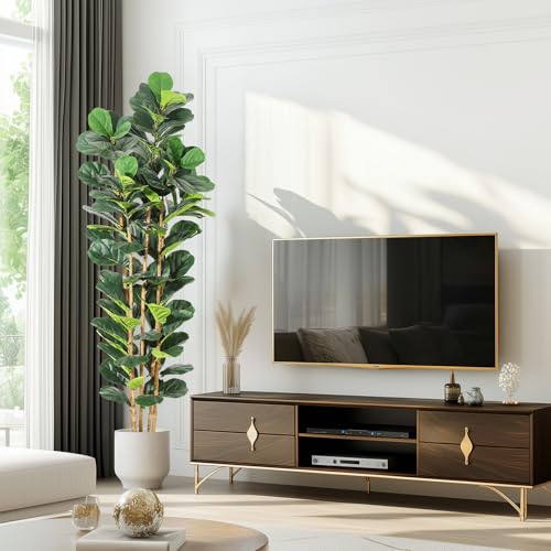 7FT Artificial Fiddle Leaf Fig Tree with Natural Wood Trunk,Tall Fake Fiddle Leaves Plant in White Planter, Floor Plants for Living Room Indoor Home Decor,Housewarming Gift