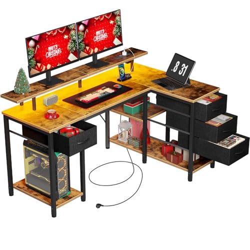 Seventable Computertisch L Form mit 4 Schubladen & Ablageflächen, Gaming Tisch mit LED & Steckdosen, Gaming Schreibtisch mit Monitorständer für Homeoffice, Schlafzimmer, Wohnzimmer, Vintagebraun