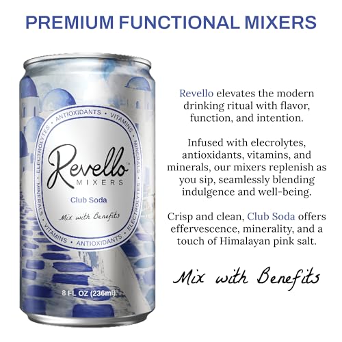 Image of Revello Mixers Club Soda - Mixer Infused with Electrolytes, Antioxidants, Vitamins & Minerals - Low Sugar & Calories - Premium Beverage for Crafted Cocktails & Mocktails - 8 fl oz (Pack of 4)