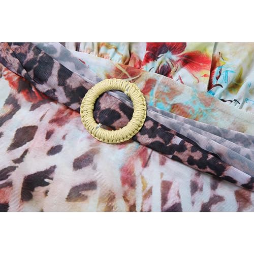 Image of Women's Sexy Skirt Deep V-Neck Belt Halter Neck Backless Irregular Printed Skirt Mesh See Through Dress