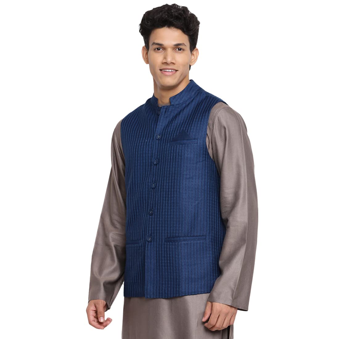 Fabindia Men Viscose Blend Dobby Printed Nehru Jacket Blue_S