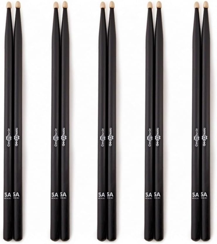 5A Hickory Drumsticks for Practice and Performance with Wood Tip, Black – 5 Pack
