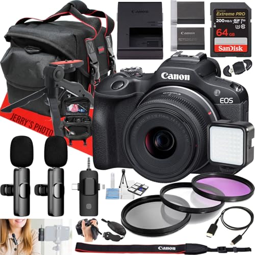 Canon EOS R100 Mirrorless Camera with RF-S 18-45mm f/4.5-6.3 is STM Lens + Dual Wireles Microphones + 64 GB Memory + Extra Battery + LED Light + More (23pc Bundle) (Renewed)