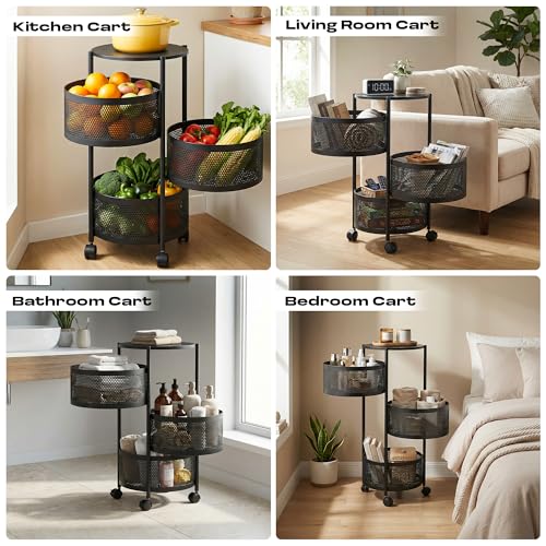 Image of Metal Multi-Purpose Trolley Kitchen Storage Organizer Rack Stand with 360 Wheels | 3 Layer Round Design | Kitchen Accessories Items for Fruit Vegetable Onion Rack for Kitchen (Black)