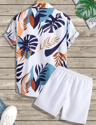 Image of Yimoon Men's Summer 2 Piece Outfits Tropical Print Short Sleeve Button Down Hawaiian Beach Shirt and Shorts Set