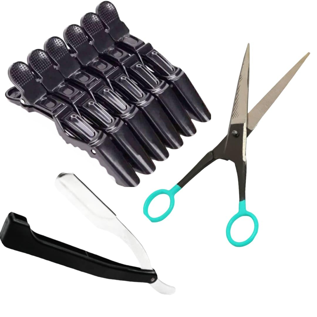 IRON BLACK SCISSOR 7.5 INCHE, RAZOR STAINLESS STEEL AND ALLIGATOR SECTIONS CLIP 6 PIECE PACK OF 8-image-48
