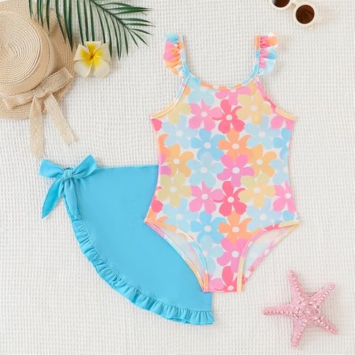 Tween Girl Leopard/Floral Print One Piece Swimsuit with Ruffle Trim & Cover Up Skirt 2 Piece Swimwear Set2