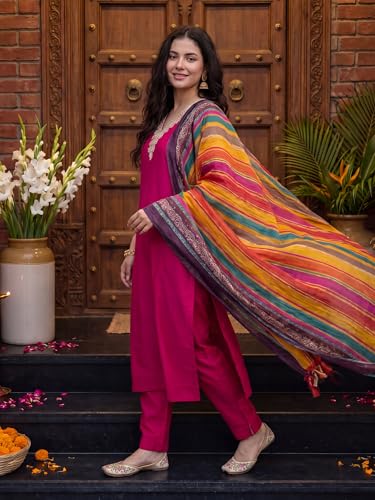 Image of INDO ERA Women's Silk Blend Embroidered Sequinned Kurta & Pant with Dupatta Set