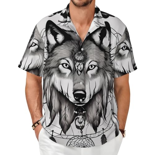 jngmeng Wolves and Dream Catchers02 Print Men's Short Sleeve Shirt Lightweight Breathable Casual Office Summer Vacation Wear Black
