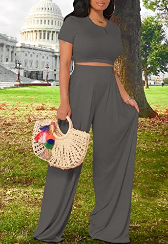 Image of Casual Summer 2 Piece Outfits for Women Crop Top High Waist Pants Sets