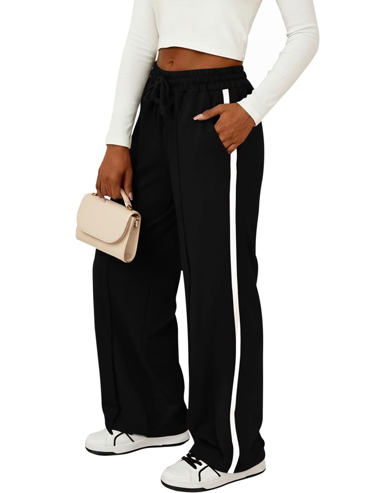 Fisoew Damen Jogginghose Gestreifte Baggy Hosen mit Elasticher Taille und Seitentaschen Kordelzug Sporthose Kontrastfarben Freizeithose