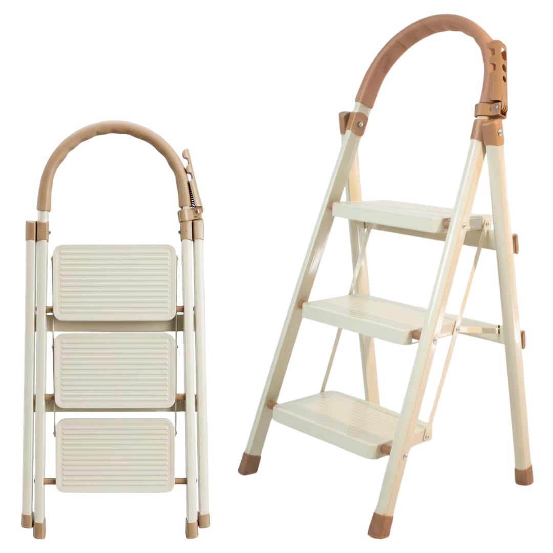 Nikcorp 3 Step Folding Ladder with Handrail, Steel Step Stool, Wide Anti-Slip Pedals 18cm, 150kg Capacity, Compact Lightweight Ladder