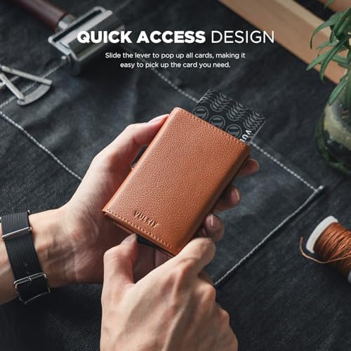 Image of VULKIT Pop up Card Wallet Minimalist Cash Wallets RFID Blocking Leather Smart Credit Card Holder with ID window for Men, Top-Grain Cowhide Litchi Brown, Compact, Minimalist