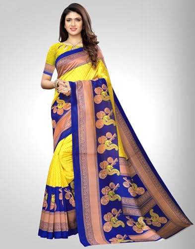 Image of SIRIL Women's Printed Silk Saree with Zari Border & Tassels