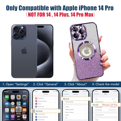 Image of Misscase for iPhone 14 Pro Magnetic Glitter Case Compatible with MagSafe,Full Protection Slim Shockproof Anti-Scratch Case with Camera Lens Protector Logo View Dust-Proof Net for Women Purple