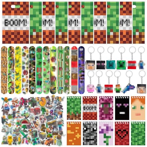 Mitgebsel Kindergeburtstag Miner- 144Pcs Party Spielzeug Set mit Aufkleber Schlüsselanhänger Geschenktüten Schnapparmband Notizbücher Pixel Mitbringsel Geschenk Kinder Party Zubehör Geburtstag Deko