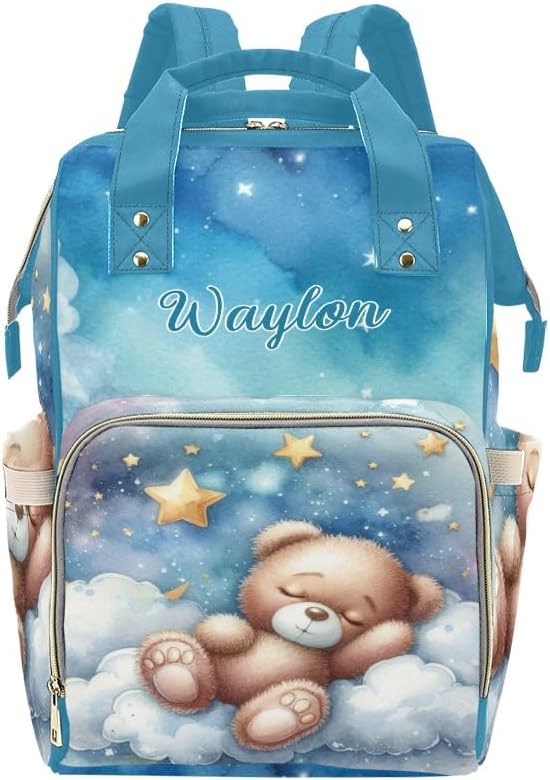 Sleeping Teddy Bear Personalized Diaper Bag Backpack with Name Large Capacity Nursing Baby Bag Mommy Bag for Mom Travel Daypack Bags