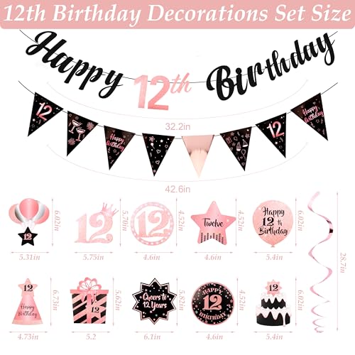 Image of 12th Birthday Decorations for Girls Rose Gold Pink Pre Strung Happy 12th Birthday Banner and Hanging Swirls 12 Year Old Party Decorations Supplies