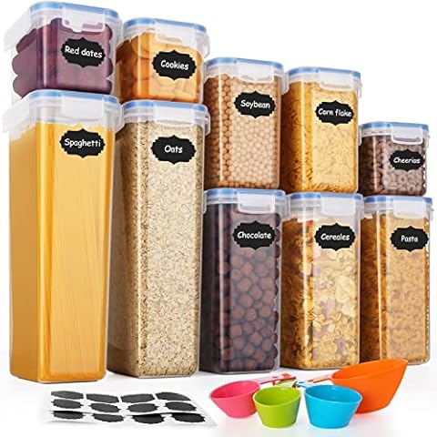 SOLEDI Cereal Storage Containers Airtight Food Storage Container Set of 10 Large Storage Jars with Lid, with Measuring Spoon Set 16 Labels for Pasta Flour Biscuits Cornflakes Cereal Storage Cover