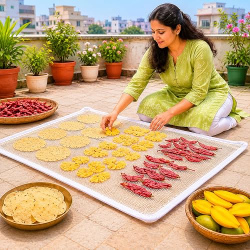 Image of Papad Drying Cloth with Net Zip | Cotton Food Drying Cloth for Sun Drying | Reusable Mesh Drying Mat for Papad, Vadagam, Millets, Grains, & Dry Fruits | Protects from Birds, Dust & Insects (2) | Breathable Material