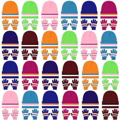Funtery 48Pcs Kids Beanie and Gloves Winter Set Bulk Pack Knit Hat Unisex Magic Gloves Pack Winter Gift for Boy Girl Donation (Rich Color)