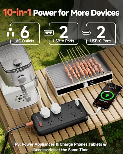 Image of Outdoor Power Strip Waterproof IPX6, 1625W /13A,10 Ft Extension Cord, 6 Wide Outlets & 4 USB Ports with Anti-Electric Shock, Wall Mountable for Yard, Workshop, Garage, RV