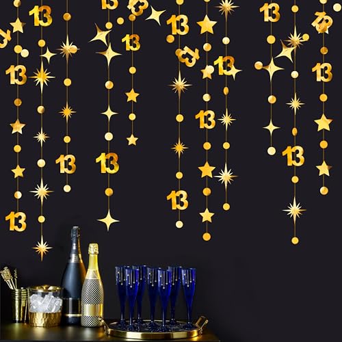 Image of Gold 13th Birthday Decorations Number 13 Circle Dot Twinkle Star Garland Metallic Hanging Streamer Bunting Banner Backdrop Girls Boys 13 Years Old Birthday Thirteen Official Teenager Party Supplies