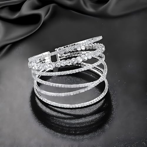 Jojomina MultiLayer Crystal Rhinestone Cuff Bracelet For Women Girls Silver Strand Layered Bridal Bracelet Jewelry for Prom Party Wedding Dating4
