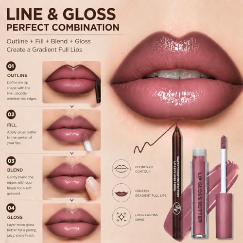Image of BAISEN DIARY 2PCS Midnight Plum Berry Lip Gloss with Brown Lip Liner Lip Combo Set - 2 Step Overline Volume Lip Kit for Fuller Looking Lips, Hydrating High Shine Gloss & Smooth Glide Contour Pencil