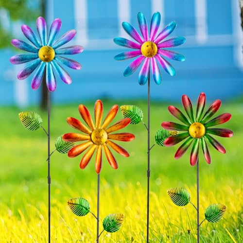 DREAMYSOUL 4 Packs Metal Flowers Wind Spinners Outdoor, Pinwheel Decorative Garden Stakes, Metal Small Wind Spinner for Yard and Garden Decor - image 6