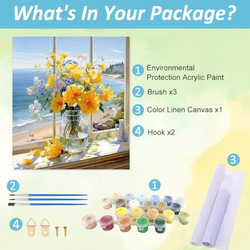 HASTHIP ® Paint By Numbers Sunshine Sea House Landscape Acrylic Oil Paint DIY Canvas Oil Painting Art Craft Wall Home Decor Gift Kit With Tools,Pigments,No Frame,16X20 Inches,Multicolor