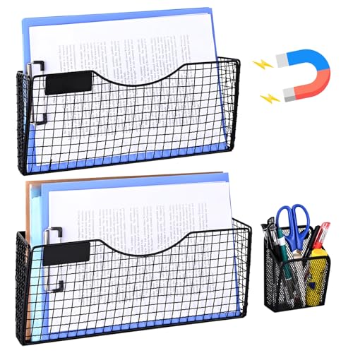 Uneedity 3Pcs Magnetic File Holder, Hanging File Organizer Magazine Document, Metal Hanging Wall Paper Folder Organizers, File Paper Mail Rack for File Cabinet Office, Classroom, Whiteboard