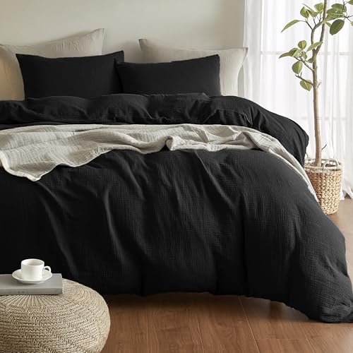 SE SOFTEXLY Muslin Duvet Cover Queen Size, 100% Washed Cotton Duvet Cover Set, Ultra Soft Comforter Cover Linen Like, 3 Pieces Minimalist Gauze Duvet Cover with 2 Pillowcases, 90"x90", Black