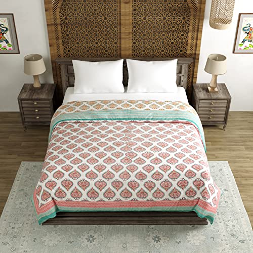 Image of BLOCKS OF INDIA Hand Block Printed Cotton King Size Quilt /Rajai (90 Inch X 108 Inch, Turquoise Motifs), Skin Friendly, 300 TC
