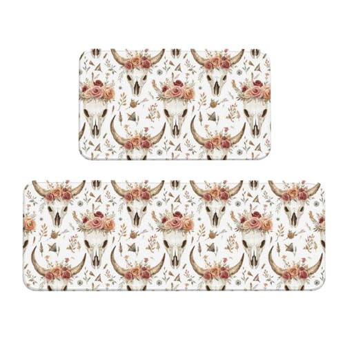 GVYGVY Antifatigue Kitchen Mats for Floor 2 Piece - Rose Sheep Skull Print Kitchen Rugs Washable, Non Slip Runner Rug Standing Mat for Office/Bathroom/Laundry/Home Decor and Accessories