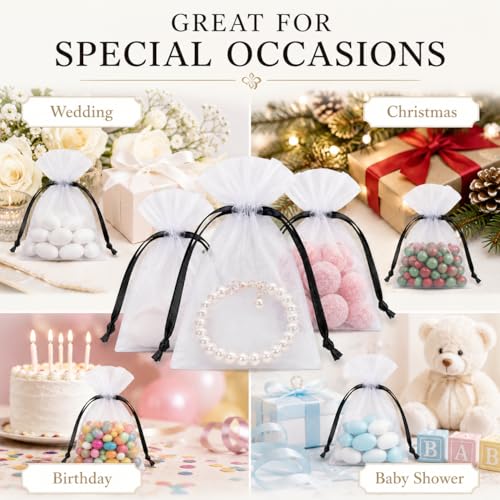 Image of Hopttreely 100PCS White Organza Bags with Black Drawstring, 4x4.72 Inch Small Gift Bags for Jewelry Candy Goodie Treat Sachet, Mesh Gift Bag Drawstring for Wedding Graduation Baby Shower Party Favors, Gifts Wrapping Supplies