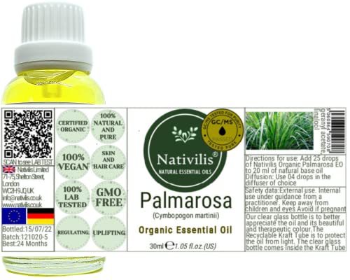 Nativilis Organic Palmarosa Essential Oil 30ml (Cymbopogon martinii), 100% Pure GC/MS Tested, Skin Balancing - Image 3