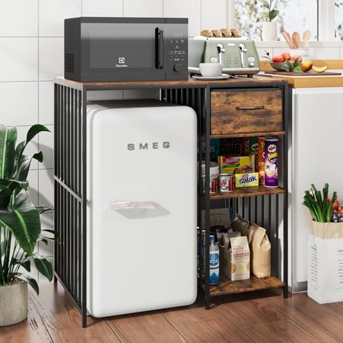 VOWNER Mini Fridge Cabinet with Power Outlet, 3-Tier Industrial Style Kitchen Microwave Stand Baker Rack with Drawer, Utility Storage Shelf for Home Kitchen Dorm Office, Vintage Wood, 35' Lx22 Wx37 H
