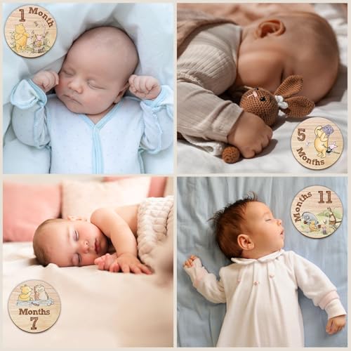 Image of 7Pcs Baby Monthly Milestone Circles, Winnie Baby Stuff, Double-Sided Printing Months Baby Milestone Wooden Keepsake, Milestone Wooden Circles Stuff for for Documenting Growth