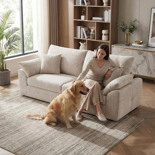 Image of 89.8 inch Modern Loveseat Sofa for Living Room, Cloud Boneless Couches with 4 Pillows, Mid Century Loveseat couches for Small Place, No Assembly Required, Camel