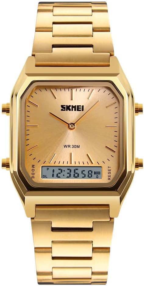Gosasa women Men Square Multifunction Stopwatch Dual Display Wristwatches Stainless Steel Strap Analog Sports Watches